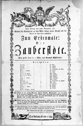 Plakat som annonserer premieren på «Tryllefløyten» av Wolfgang Amadeus Mozart på Freihaustheater, nå Theater an der Wien, 1791
